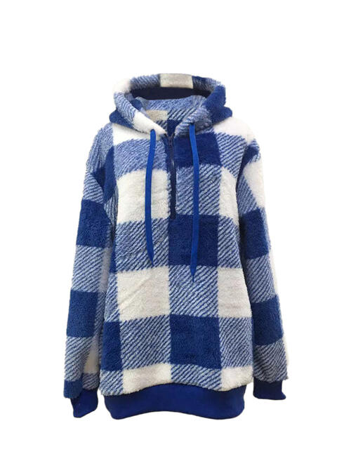 swvws Plaid Half Zip Drawstring Hoodie