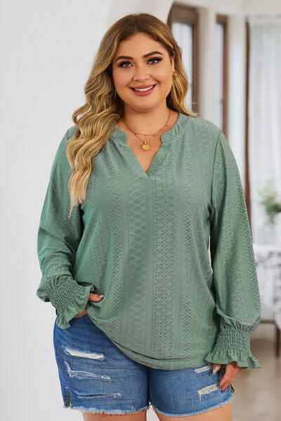 swvws Plus Size Eyelet Notched Flounce Sleeve Blouse