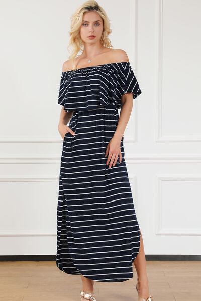 swvws Striped Off-Shoulder Slit Dress