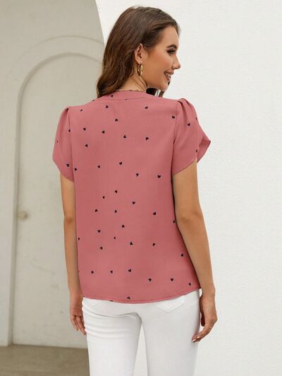 swvws Heart Print Notched Petal Sleeve Blouse