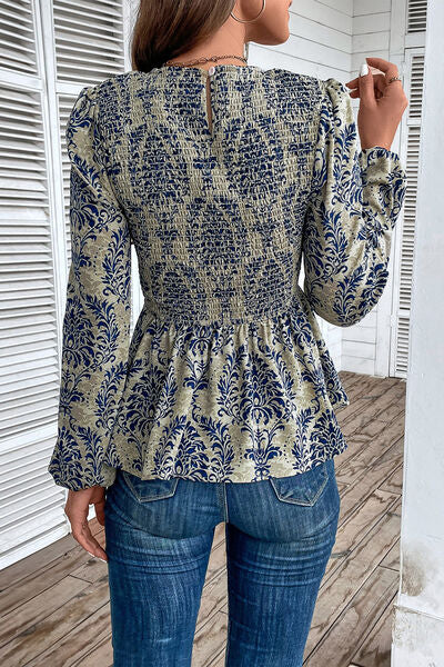 swvws Smocked Printed Balloon Sleeve Blouse