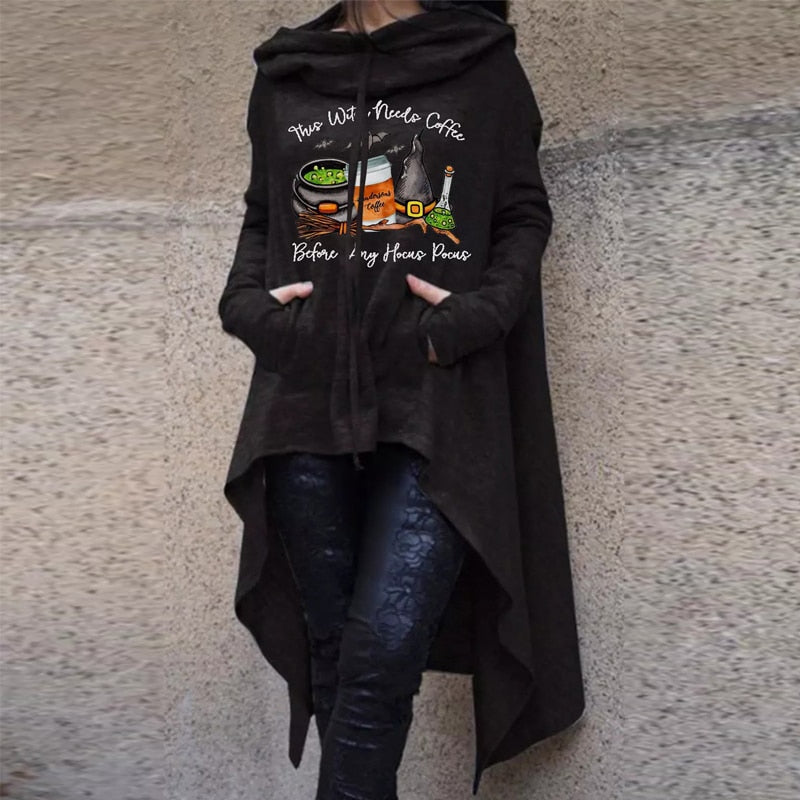 swvws Halloween Costume Halloween Witch Hoodies Y2K Fashion Printed Irregular Hem Oversize Female Long Sleeve Hooded Cloak Pullover Women's Sweatshirt