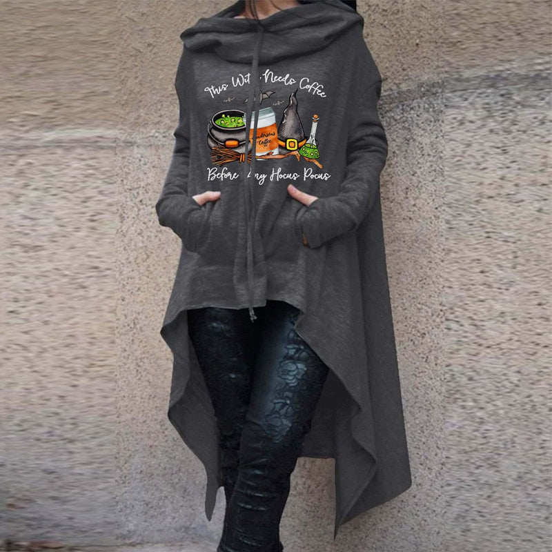 swvws Halloween Costume Halloween Witch Hoodies Y2K Fashion Printed Irregular Hem Oversize Female Long Sleeve Hooded Cloak Pullover Women's Sweatshirt