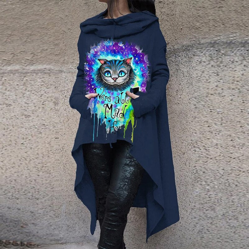 swvws Halloween Costume Halloween Witch Hoodies Y2K Fashion Printed Irregular Hem Oversize Female Long Sleeve Hooded Cloak Pullover Women's Sweatshirt