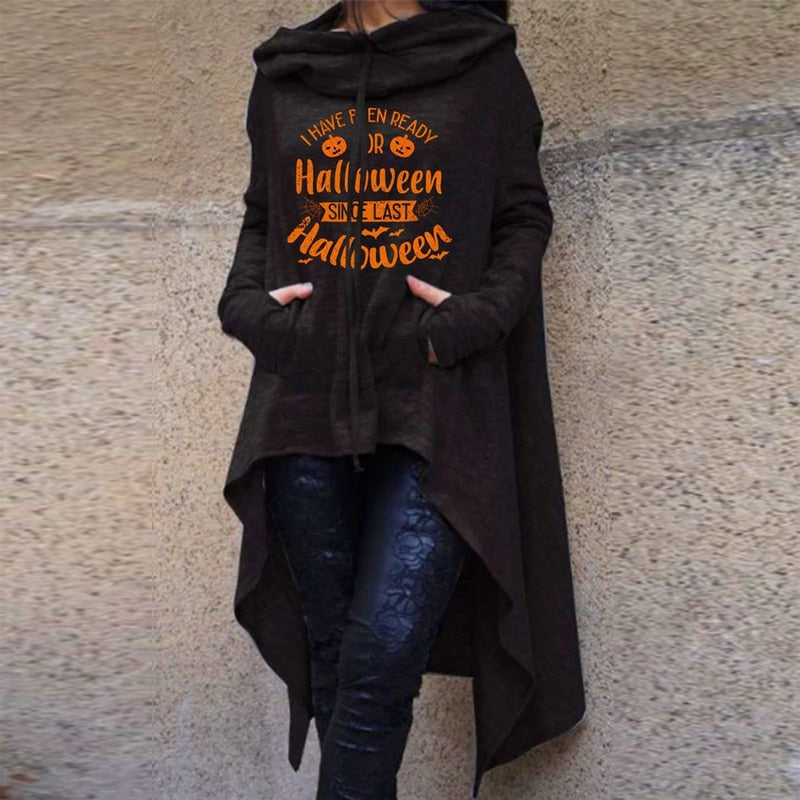 swvws Halloween Costume Halloween Witch Hoodies Y2K Fashion Printed Irregular Hem Oversize Female Long Sleeve Hooded Cloak Pullover Women's Sweatshirt