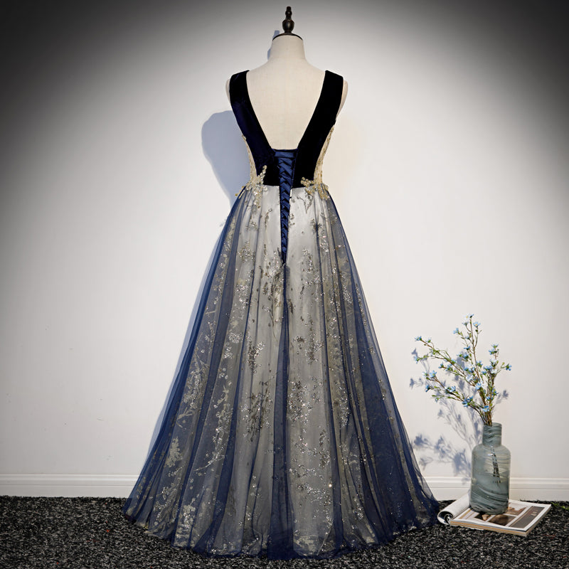 Tmallworld Beautiful Blue Velvet and Lace Tulle Long Low Back Party Dress, Blue A-line Evening Dresses