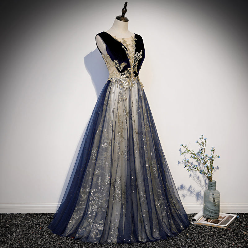 Tmallworld Beautiful Blue Velvet and Lace Tulle Long Low Back Party Dress, Blue A-line Evening Dresses