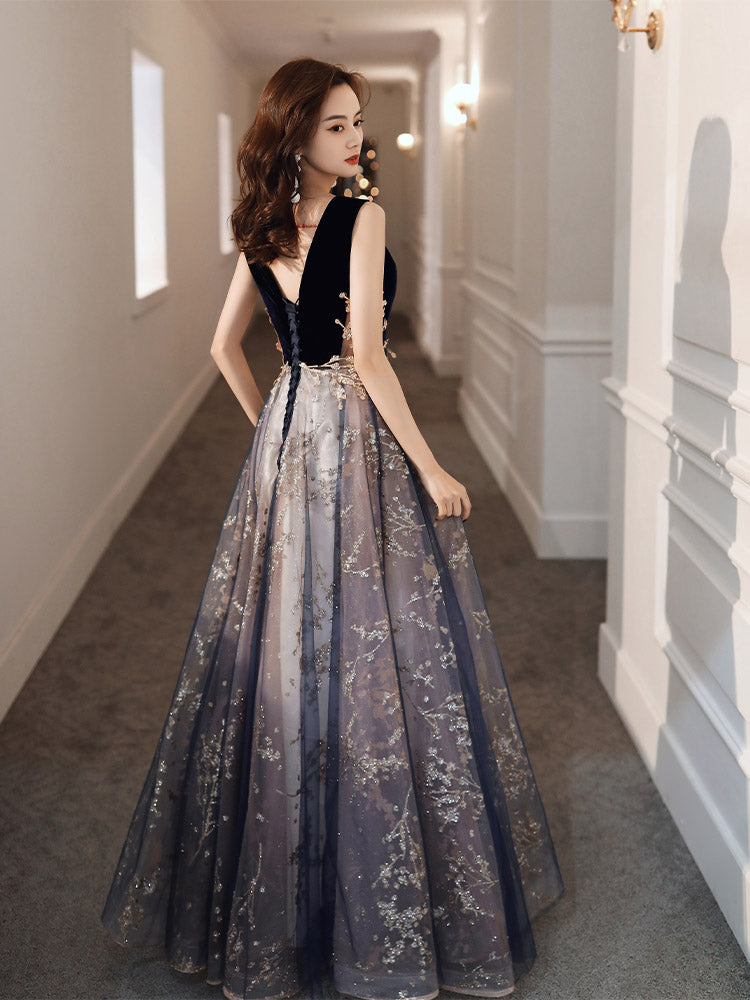 Tmallworld Beautiful Blue Velvet and Lace Tulle Long Low Back Party Dress, Blue A-line Evening Dresses