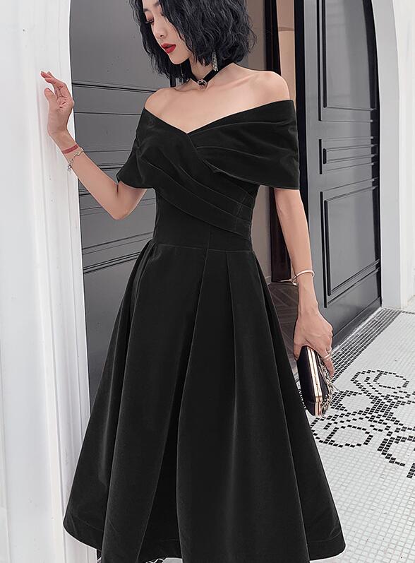 Tmallworld Beautiful Velvet Off Shoulder Black Tea Length Evening Dresses, New Chic Prom Dress