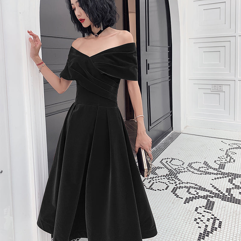 Tmallworld Beautiful Velvet Off Shoulder Black Tea Length Evening Dresses, New Chic Prom Dress