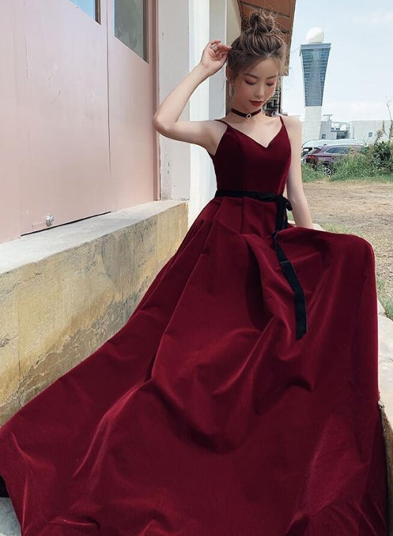 Tmallworld Beautiful Wine Red Velvet Long Party Dress Prom Dress, Dark Red Evening Dresses