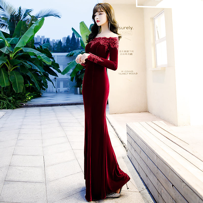 Tmallworld Beautiful Wine Red Velvet Mermaid Long Evening Dress Party Dress, Long Evening Dresses