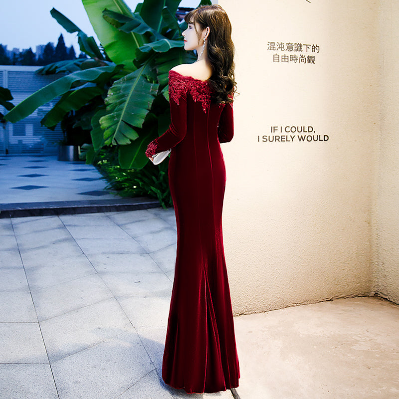 Tmallworld Beautiful Wine Red Velvet Mermaid Long Evening Dress Party Dress, Long Evening Dresses