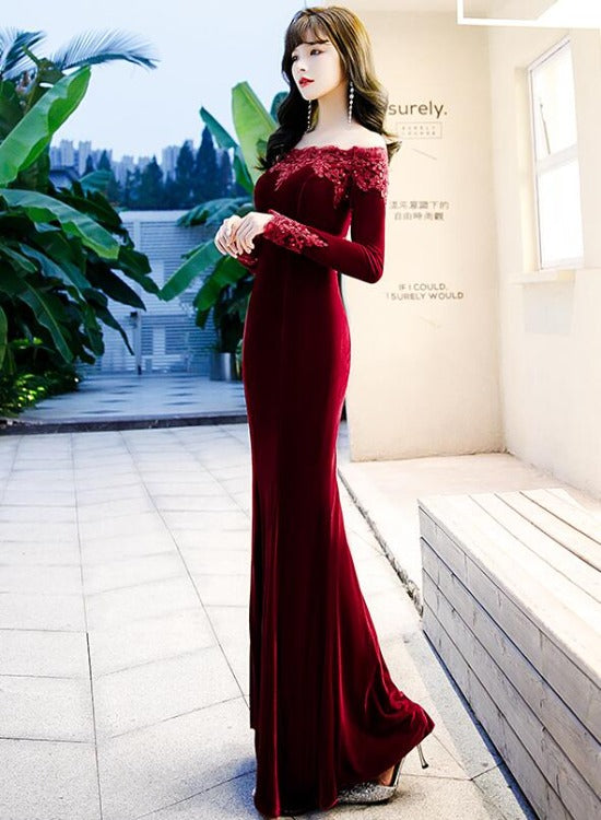 Tmallworld Beautiful Wine Red Velvet Mermaid Long Evening Dress Party Dress, Long Evening Dresses