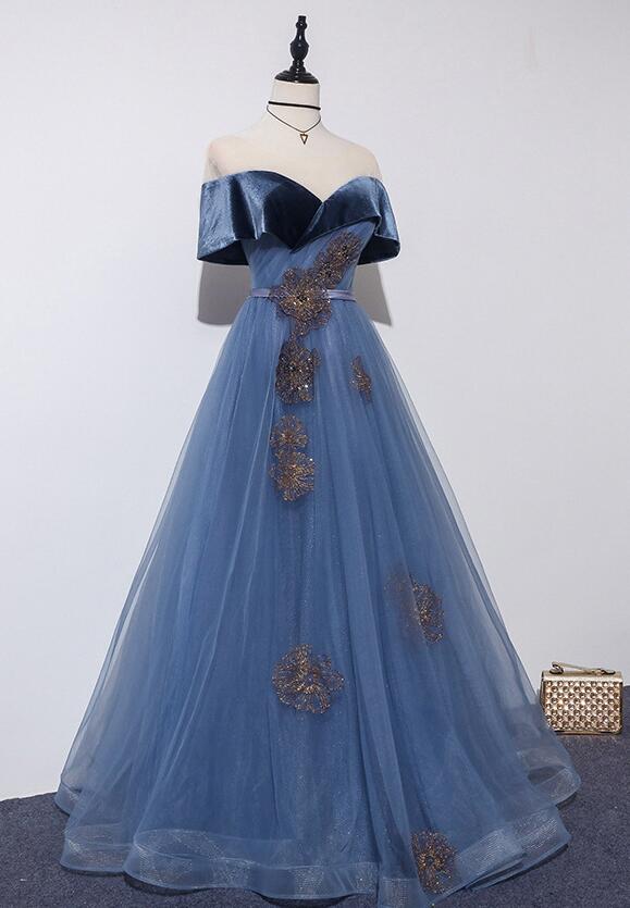 Tmallworld Blue Off Shoulder Velvet and Tulle A-line New Style Prom Dress, Blue Party Dress Evening Dress