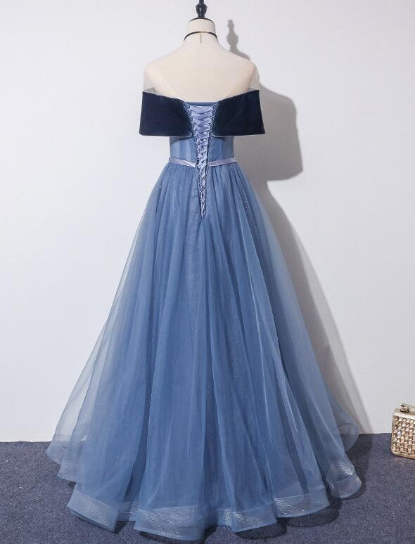 Tmallworld Blue Off Shoulder Velvet and Tulle A-line New Style Prom Dress, Blue Party Dress Evening Dress