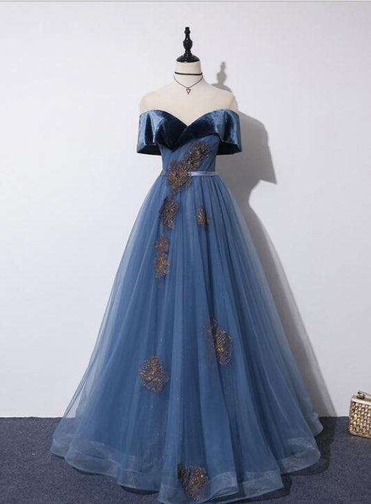 Tmallworld Blue Off Shoulder Velvet and Tulle A-line New Style Prom Dress, Blue Party Dress Evening Dress