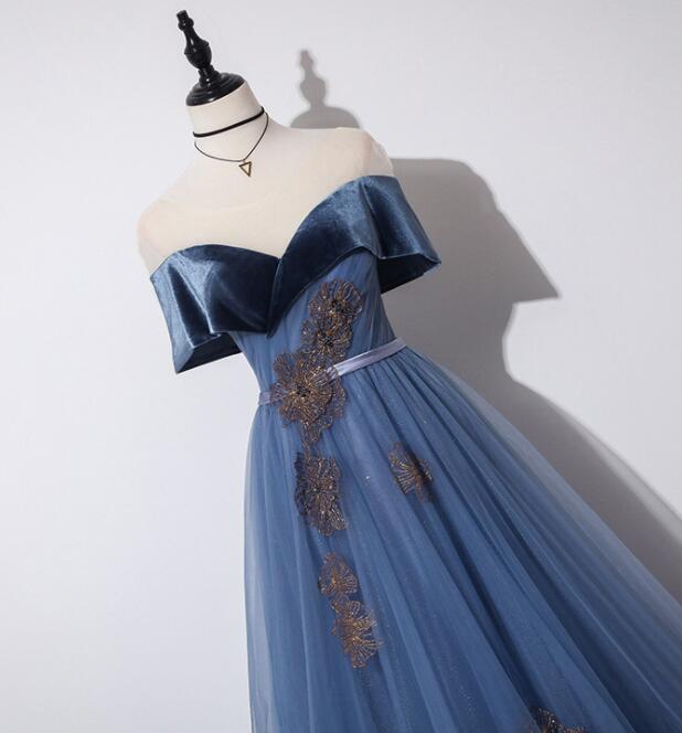 Tmallworld Blue Off Shoulder Velvet and Tulle A-line New Style Prom Dress, Blue Party Dress Evening Dress