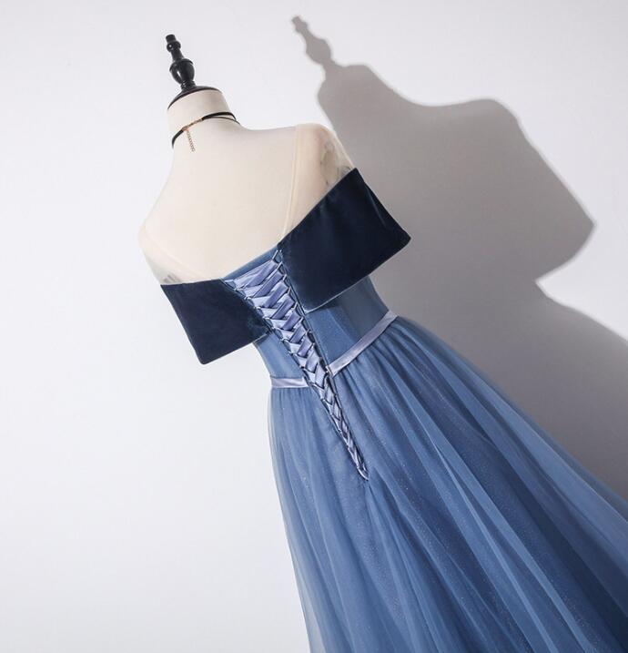 Tmallworld Blue Off Shoulder Velvet and Tulle A-line New Style Prom Dress, Blue Party Dress Evening Dress