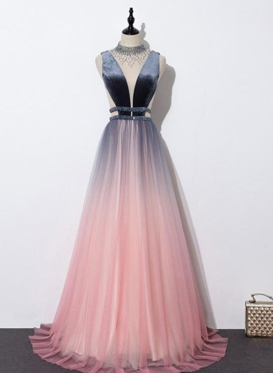 Tmallworld Blue and Pink Gradient Tulle Velvet Top Low Back Long Party Dress, A-line Prom Dress Evening Dress