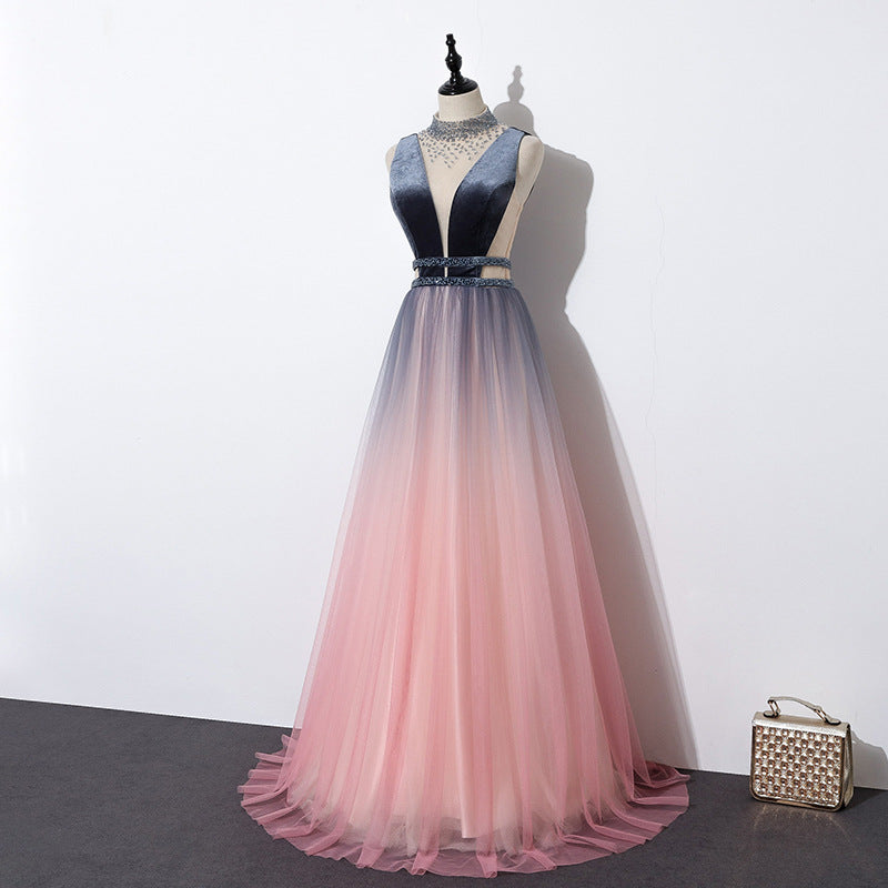 Tmallworld Blue and Pink Gradient Tulle Velvet Top Low Back Long Party Dress, A-line Prom Dress Evening Dress