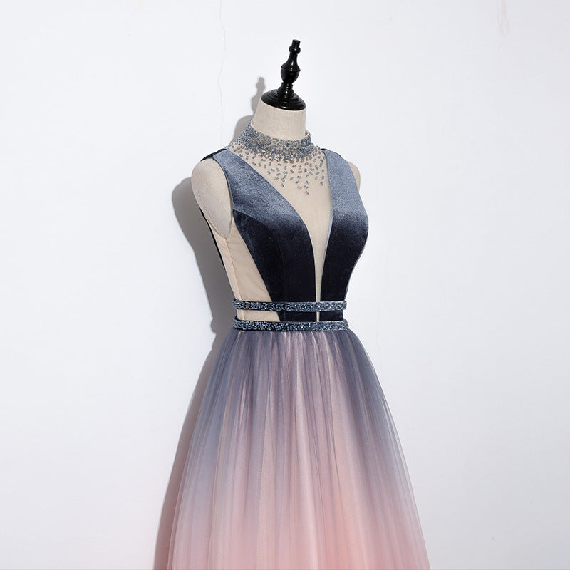 Tmallworld Blue and Pink Gradient Tulle Velvet Top Low Back Long Party Dress, A-line Prom Dress Evening Dress