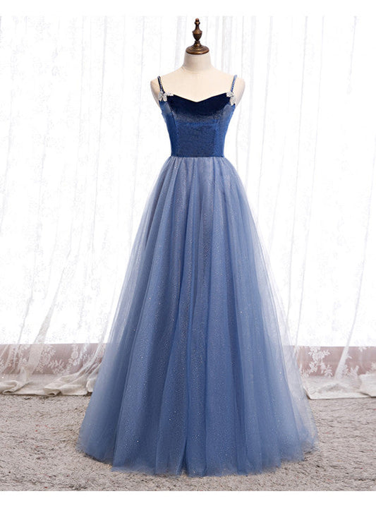 Tmallworld Light Blue Velvet and Tulle Long Formal Dress, Simple Blue Bridesmaid Dress