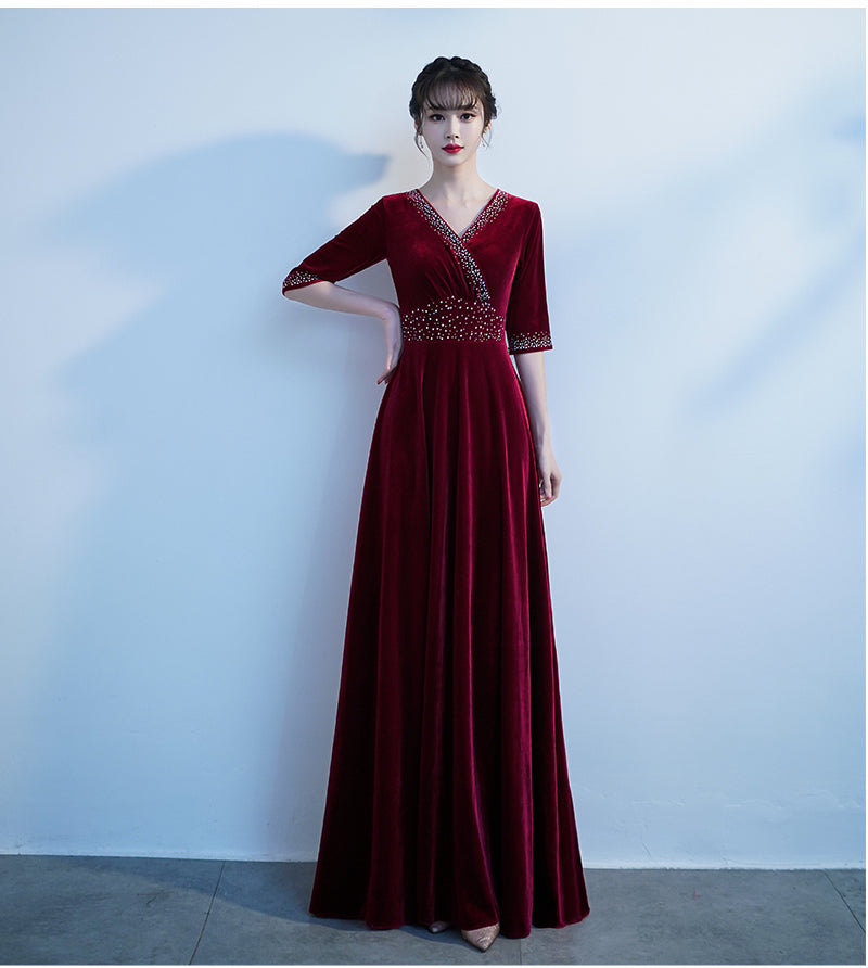 Tmallworld Burgundy V-neckline Beaded Velvet Floor Length Party Dress, A-line Prom Dresses Bridesmaid Dresses