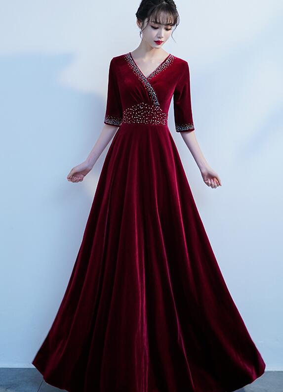 Tmallworld Burgundy V-neckline Beaded Velvet Floor Length Party Dress, A-line Prom Dresses Bridesmaid Dresses