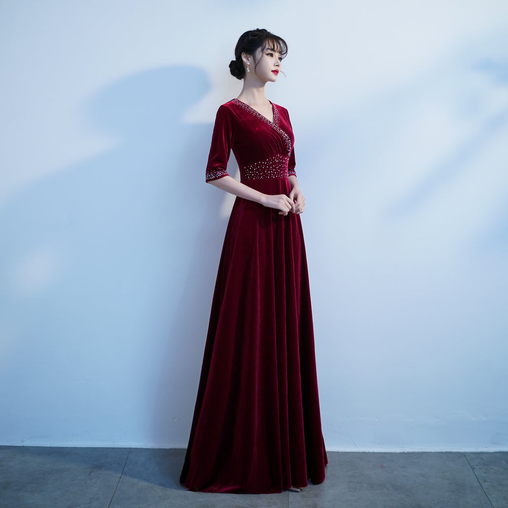 Tmallworld Burgundy V-neckline Beaded Velvet Floor Length Party Dress, A-line Prom Dresses Bridesmaid Dresses