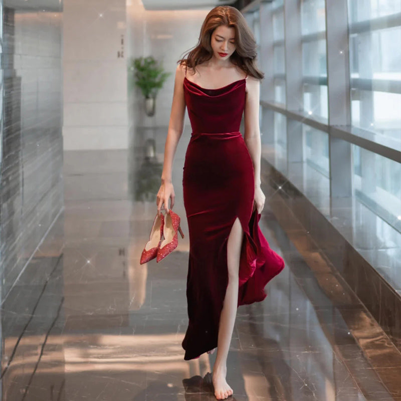 Tmallworld Burgundy Velvet Sexy Mermaid Slit Long Evening Dress, Backless Prom Dress Party Dress