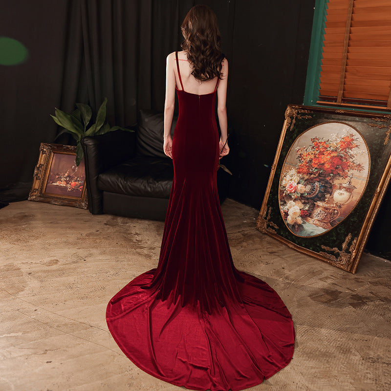 Tmallworld Charming V-neckline Mermaid Velvet Evening Gown Wedding Party Dress, Dark Red Long Prom Dress