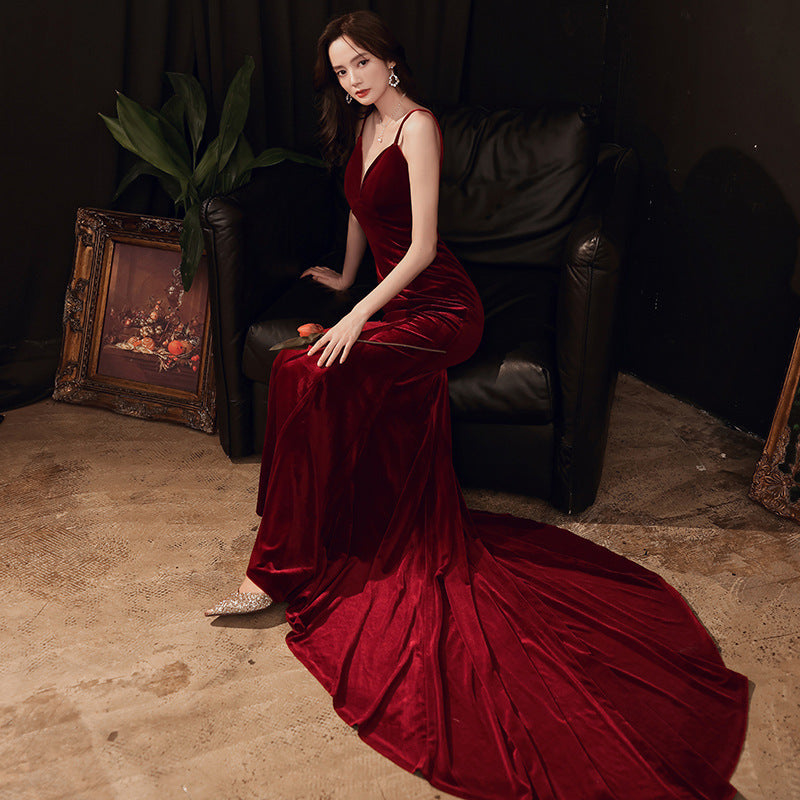 Tmallworld Charming V-neckline Mermaid Velvet Evening Gown Wedding Party Dress, Dark Red Long Prom Dress