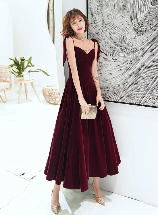 Tmallworld Dark Red Straps Velvet Elegant Tea Length Bridesmaid Dress, Burgundy Prom Dress Party Dress