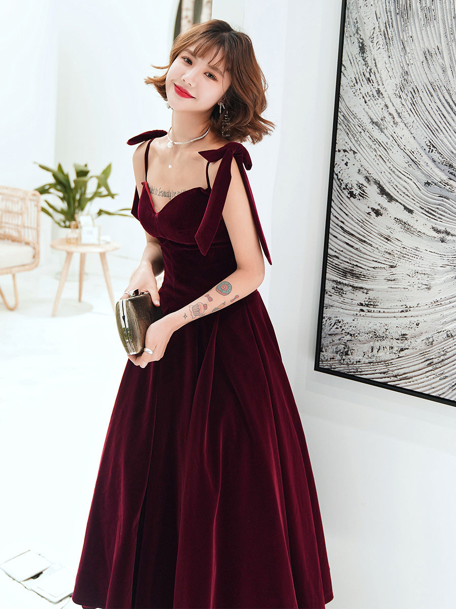 Tmallworld Dark Red Straps Velvet Elegant Tea Length Bridesmaid Dress, Burgundy Prom Dress Party Dress