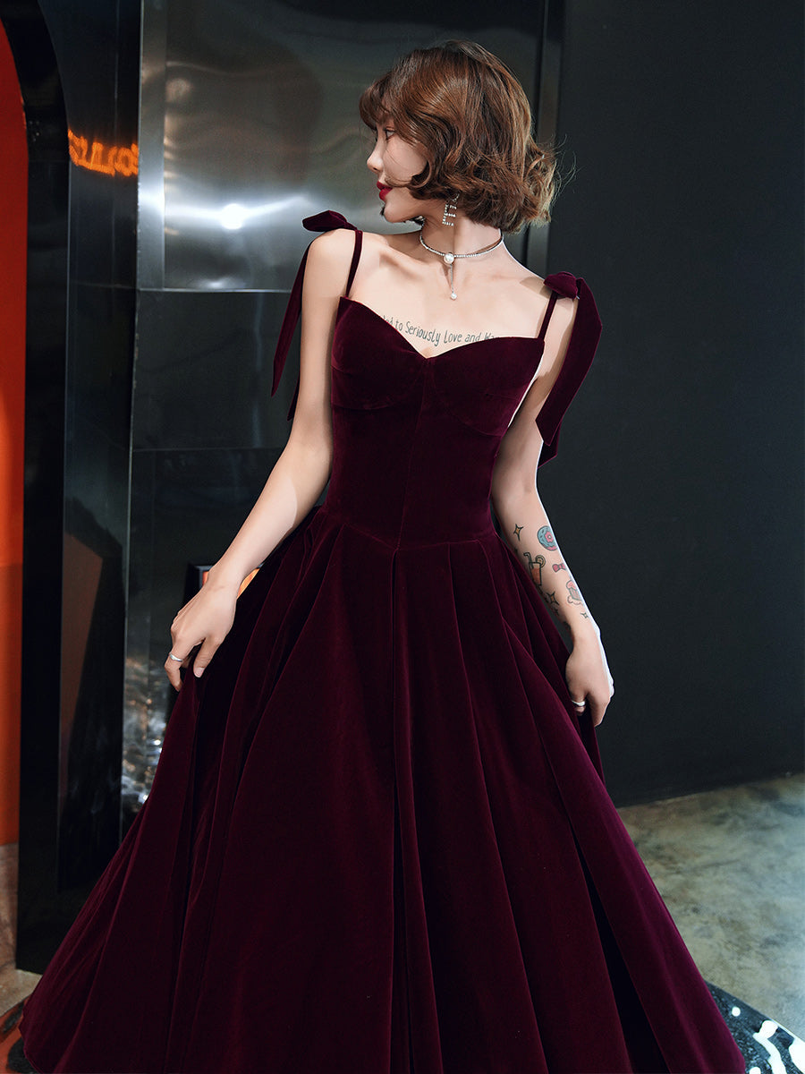 Tmallworld Dark Red Straps Velvet Elegant Tea Length Bridesmaid Dress, Burgundy Prom Dress Party Dress