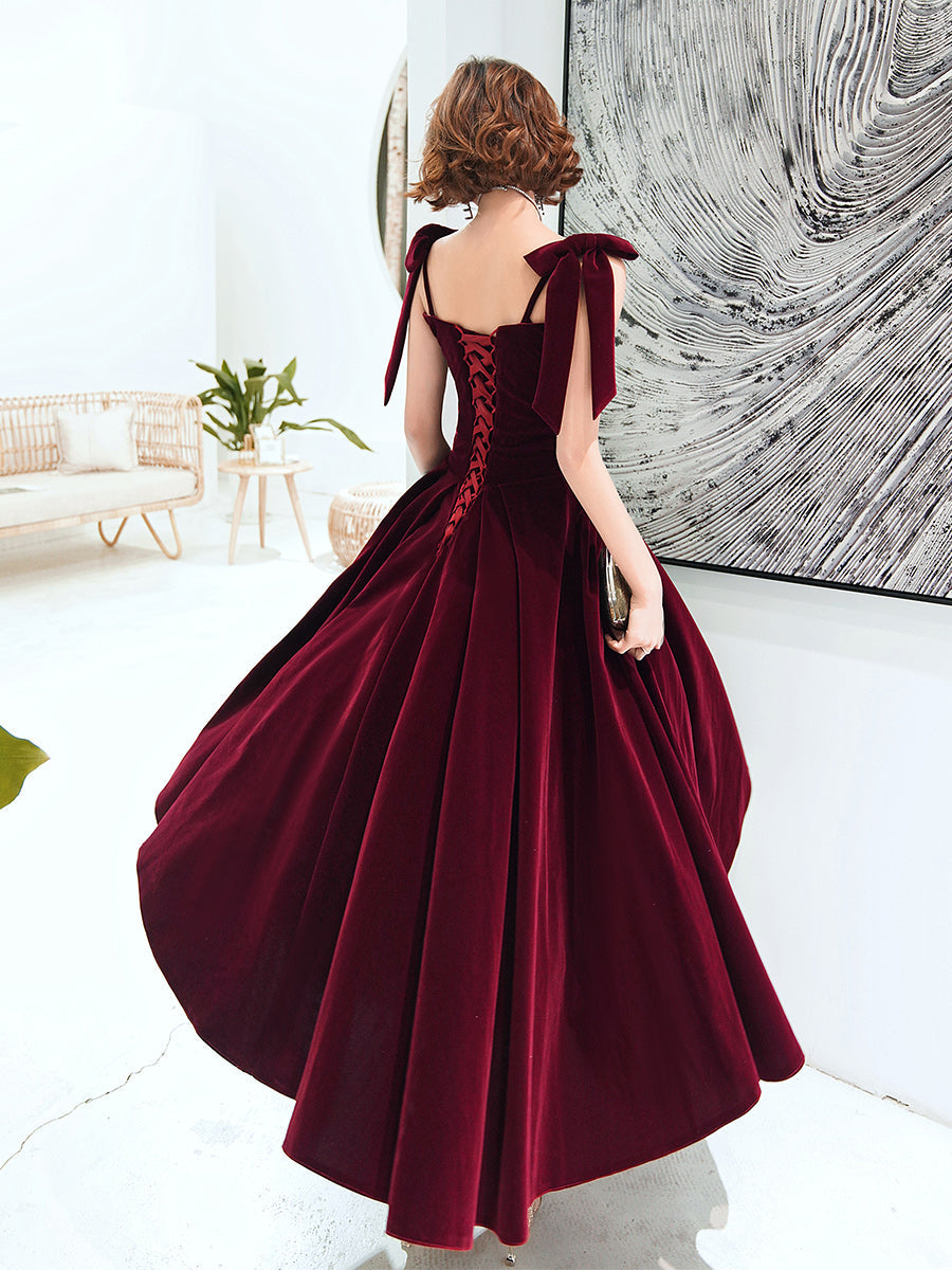 Tmallworld Dark Red Straps Velvet Elegant Tea Length Bridesmaid Dress, Burgundy Prom Dress Party Dress