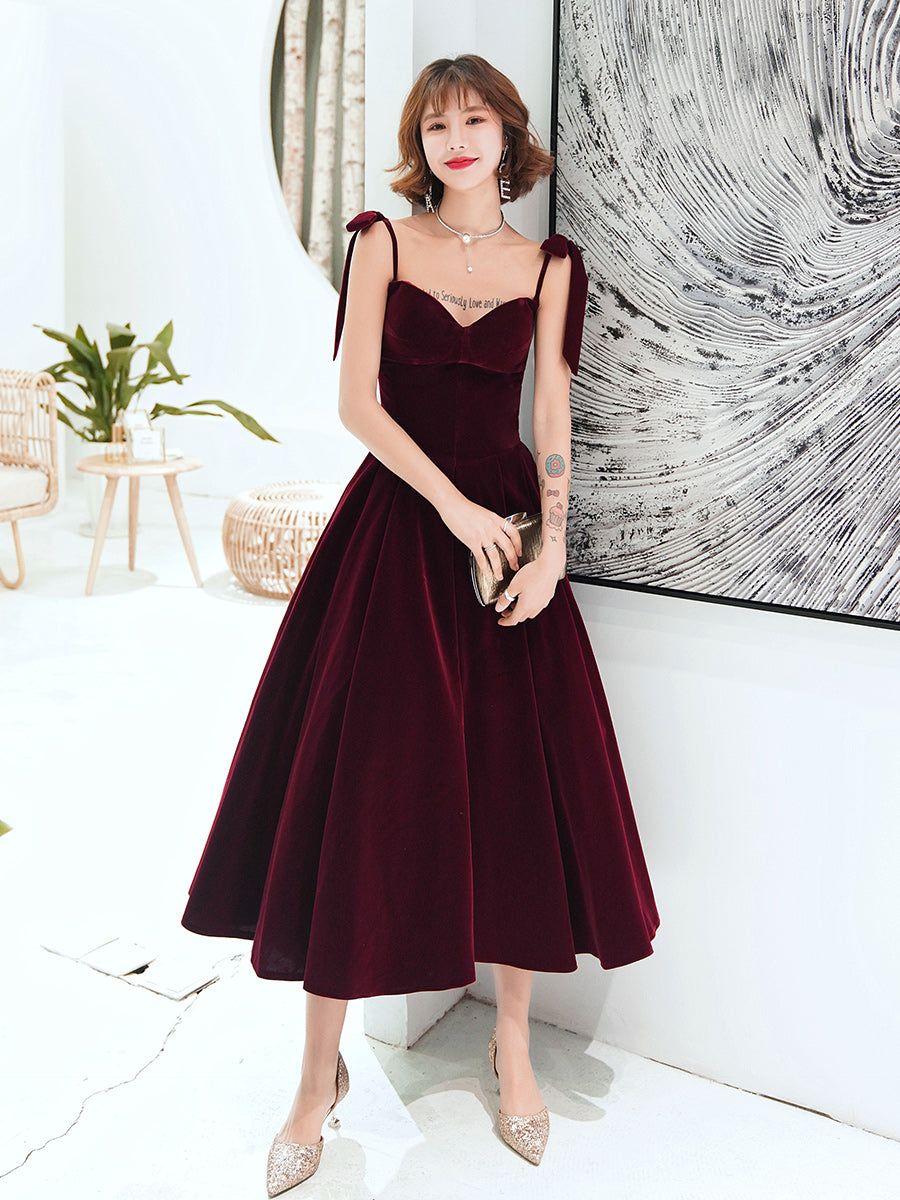 Tmallworld Dark Red Straps Velvet Elegant Tea Length Bridesmaid Dress, Burgundy Prom Dress Party Dress