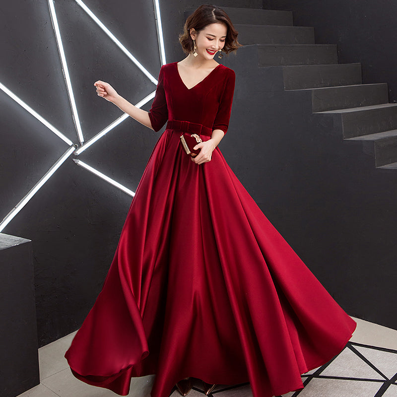 Tmallworld Elegant V-neckline Velvet Top Long Bridesmaid Dresses, A-line Short Sleeves Prom Dresses