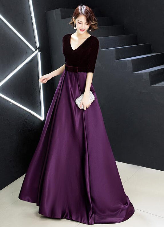 Tmallworld Elegant V-neckline Velvet Top Long Bridesmaid Dresses, A-line Short Sleeves Prom Dresses