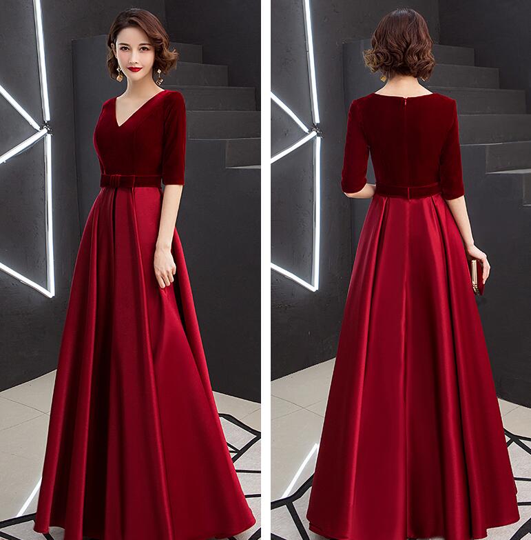 Tmallworld Elegant V-neckline Velvet Top Long Bridesmaid Dresses, A-line Short Sleeves Prom Dresses