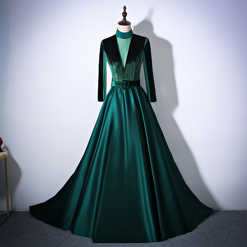 Tmallworld Green Satin and Velvet Long Evening Dress Party Dress, Long Sleeves Formal Dresses