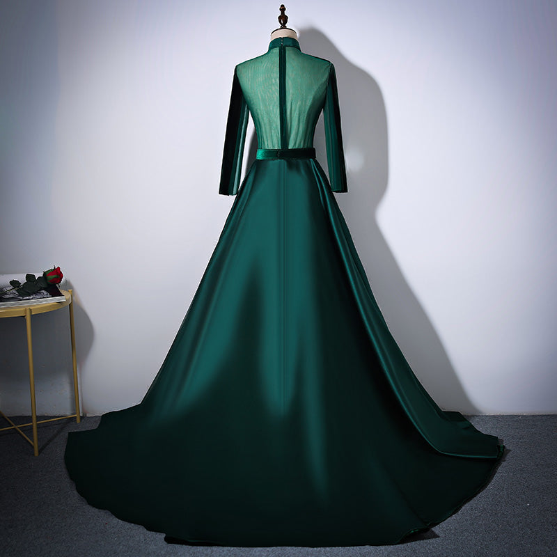 Tmallworld Green Satin and Velvet Long Evening Dress Party Dress, Long Sleeves Formal Dresses