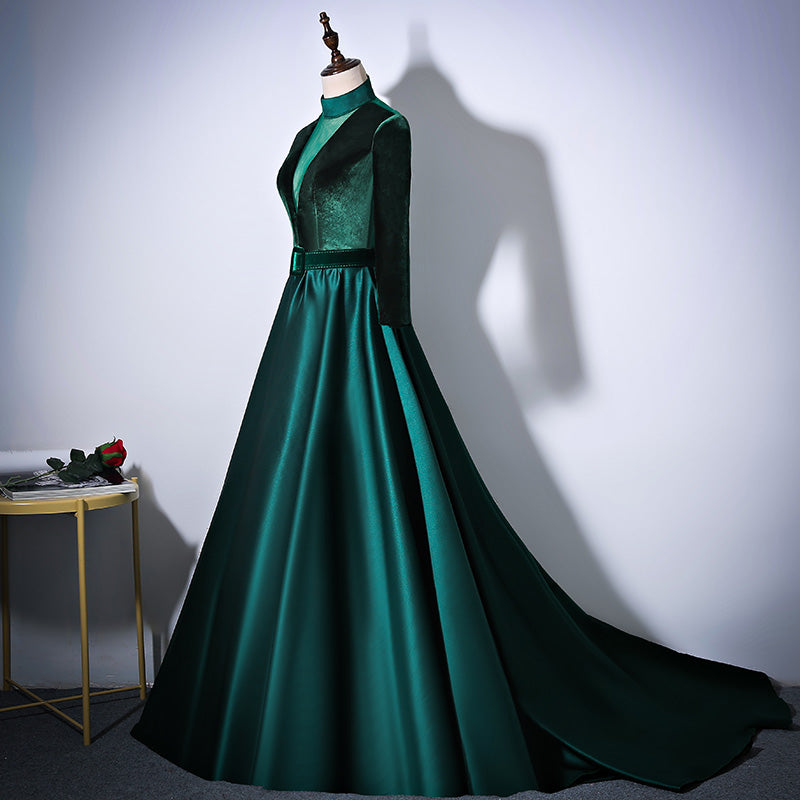 Tmallworld Green Satin and Velvet Long Evening Dress Party Dress, Long Sleeves Formal Dresses