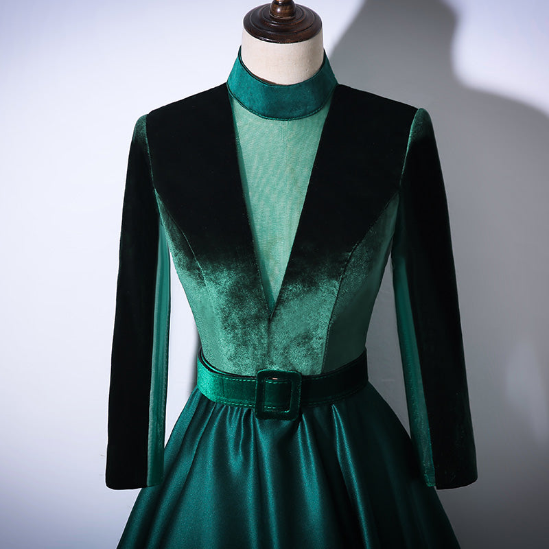 Tmallworld Green Satin and Velvet Long Evening Dress Party Dress, Long Sleeves Formal Dresses