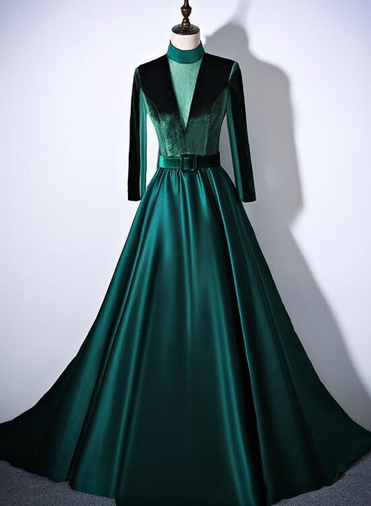 Tmallworld Green Satin and Velvet Long Evening Dress Party Dress, Long Sleeves Formal Dresses