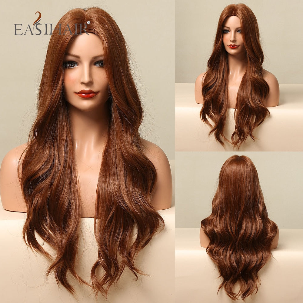 swvws  Long Body Wave Wigs Ombre Black Brown Blonde Synthetic Wig Cosplay Middle Part Natural Heat Resistant Wig For Women