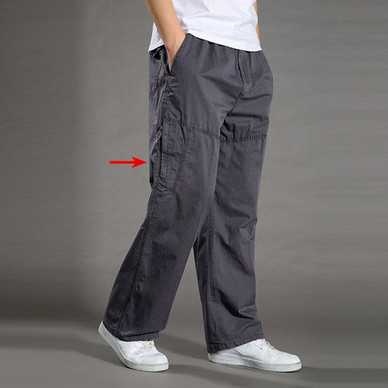 swvws Mens Vintage Hip Hop Style Baggy Jeans Men's Casual Trousers Cotton Overalls Elastic Waist Full Len Multi-Pocket Plus Fertilizer Men's Clothing Big Size Cargo Pants