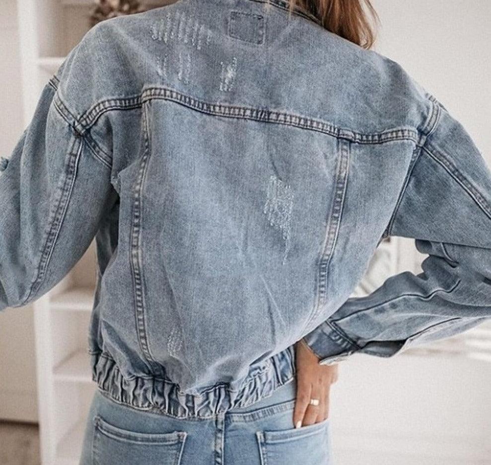 swvws Women's  Casual Short Jean Jacket Sexy Denim Jackets Solid Casual Blue Cowboy Jackets Hole Loose Jean Coats