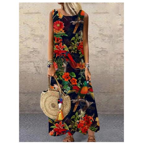 swvws Sundress Women Summer Dress  Printing Dress  Casual O Neck Loose Sleeveless Printed Floral Long Maxi Dress